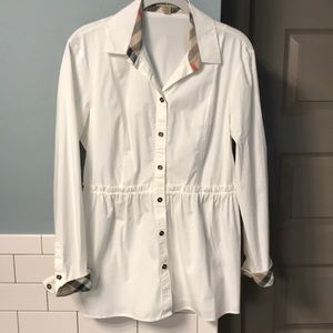 Burberry White Sz M Blouse w/Plaid Cuffs